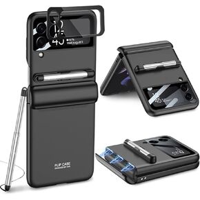 for Samsung Galaxy Z Flip 4 Case,with Stylus Fashion Business Phone case,with Hinge Protection Device and Camera Screen Protector,Case for Samsung Z Flip 4 2022 (Black)