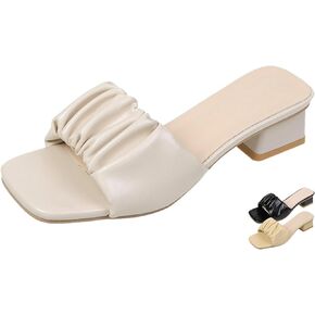 Women's Square Open Toe Low Chunky Heel Mule Sandals,Fashion Pleated Design Slip-on Block Heel Slides Sandals Lightweight Comfort Dress Sandals