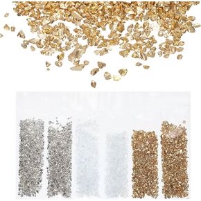 uxcell Crushed Glass High Luster Chips 1-3mm 29g Irregular Glass Metallic Crystal Chips for Resin Arts Craft DIY Vase Filler Jewelry Making Decoration, 3 Colors, Gold Silver Color Series