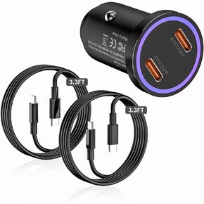[معتمد من MFi] شاحن سيارة iPhone 15 Pro، منفذ USB مزدوج صغير 4.8A محول شاحن سيارة ذكي معدني بالكامل مع 2 سلك USB إلى USB C لهاتف iPhone 15/15 Plus/15 Pro/15 Pro Max، iPad Pro/Air/Mini