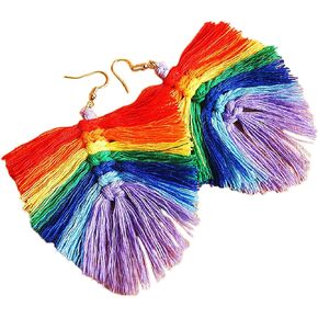 Bohemian Handmade Braid Tassel Dangle Earrings Colorful Rainbow Wooden Tassel Dangle Earrings for Women Girls Jewelry