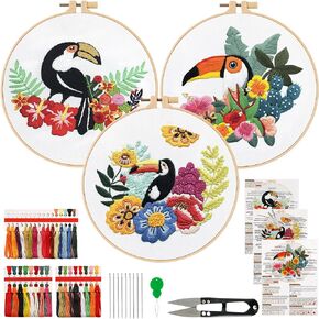 Dremisland 3 Sets Embroidery kit for Beginners Adults Embroidery Starter Kit with Hummingbird Flower Pattern and Instructions Stamped Cross Stitch Kits DIY Embroidery Kit for Adults Kids