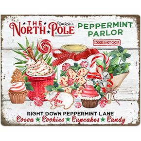 Christmas North Pole Peppermint Sweets Candy Cookies Sign, Old Fashioned Christmas Candy Red Mug Candy Jar Sign Cafe Bar Home Wall Wreath Accent Retro Metal Tin Sign 8x11.78 inch