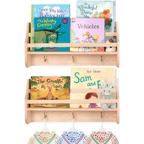 MOFASVIGI Nursery Book Shelves, Set of 2 Floating Book Shelves for Kids Room, 16in Natural Wood Hanging Bookshelves Wall Mounted for Baby Teen Boys Girls Bedroom Bathroom Toy and Decor Storage (Black)