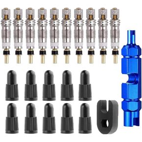 22 Pieces Presta Valve Core Kit 10Pcs Brass Tubeless Core 10Pcs Thread 5V2 Valve Core Caps with 1Pcs Valve Core Removal Tool and 1Pcs Valve Core Wrench for Continental Vittoria Kenda