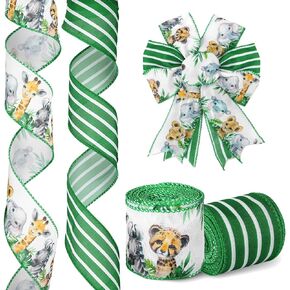 2 Roll Jungle Animal Wired Edge Ribbon 2.5 Inch 20 Yards Safari Animal Ribbon Animal Print Ribbon for Bow Wreath Craft Gift Wrap Party Decor