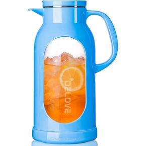 Delove 68 oz/2 Liter Glass Pitcher with Shatterproof Shell - Heat Resistant Glass Liner - Stainless Steel Lid - Carafe & Jug for Iced Tea,Hot/Cold Water,Homemade Juice Beverages (Black)
