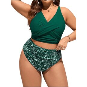 WDIRARA Women's Plus Size Spotted Print Vest Style Swimsuit Criss Cross Ruched Tankini Top and High Waist Bottom Bikini