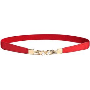 Women Skinny Leather Belt Thin Waist Belt with Pearl Buckle