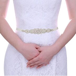 Urieo Rhinestone Wedding Belt Crystal Bridal Belts with Beige Ribbon Pearl Bride Bridesmaid Dress Sash Belts for Women