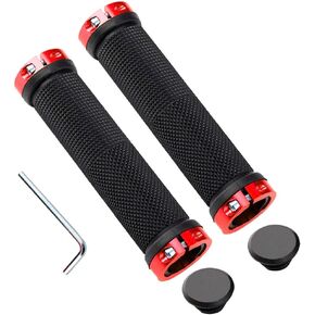 FULARR Upgrade Non-Slip Rubber Bicycle Handlebar Grips, Double Aluminum Lock on Locking Bicycle Handlebar Grips. Bicycle Handle Protector, Fits for 22mm Handlebar Bikes –– Red Aluminum Ring