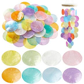 PH PandaHall 2 Inch Round Shells Pieces, 80pcs 8 Colors Round Slice Capiz Shell Discs Sea Shells Coin Bead Connector with 1.5mm Double Hole for Wind Chimes Curtain Lamp Shade Craft Jewelry Making