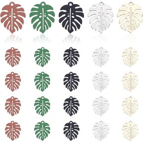 PH PandaHall 30pcs Monster Leaf Pendants, Metal Baking Painted Tropical Leaf Charms 5 Styles Enamel Tree Leaves for Necklace Earring Jewelry Making Keychain Bag Decoration, 17x21mm