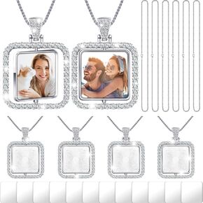 Junkin 24 Pcs Diamond Square Sublimation Rhinestone Trays Pendant Set Including 6 Double Sided Blank Rhinestone Bezel Trays 6 Pcs Thick Chains with 12 Sublimation Discs for Making