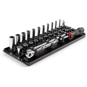 TEKTON 1/4 Inch Drive 12-Point Socket Set with Rails, 50-Piece (5/32-9/16 in., 4-15 mm) | SHD90216