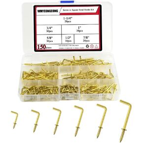 WMYCONGCONG 150 PCS Screw-in Square Bend Hooks Kit Brass Plated Metal Small Right Angle Hooks Self-Tapping Screw Hook for Hanging, 6 Sizes