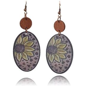 Zian Sunflower Earrings Oval Geometric Earrings Wooden Boho Earrings Retro Party Earrings Western Earrings