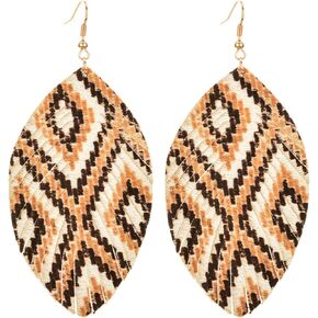 Feather Leather Fringe Earrings for Women- Boho Genuine Leather Leaf Tassel Statement Earrings Bohemian Leopard Suede Leather Hypoallergenic Lightweight Dangle Earrings Nickle Free