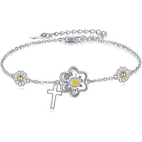YAFEINI Daisy Bracelet Sterling Silver Cross Bracelet Daisy Flower Bracelet Cross Jewelry Birthday Gifts for Women Girls Teens