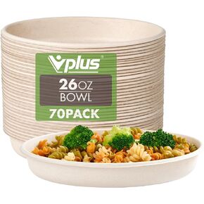 Vplus 70 عبوة من الأوعية الورقية سعة 26 أونصة، أوعية قابلة للتحلل للاستعمال مرة واحدة، أوعية قصب صديقة للبيئة، أوعية شديدة التحمل مثالية لحبوب الحليب والوجبات الخفيفة والسلطات