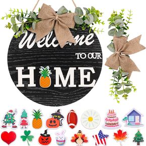 Seasonal Welcome Sign Front Door Decoration, Sublaga Welcome Sign for Front Door, Round Wood Wreaths, Farmhouse, Porch, for All Seasons Holiday Halloween Thanksgiving Christmas