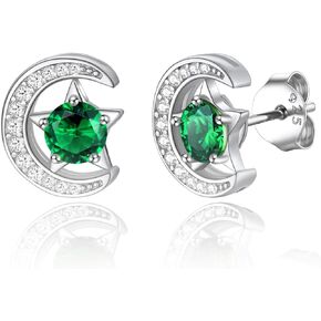 FindChic Sterling Silver Moon Star Earrings with 12 Birthstones Cubic Zirconia Inlaid Birthday Jewelry Gift for Daughter Mother, with Gift Box