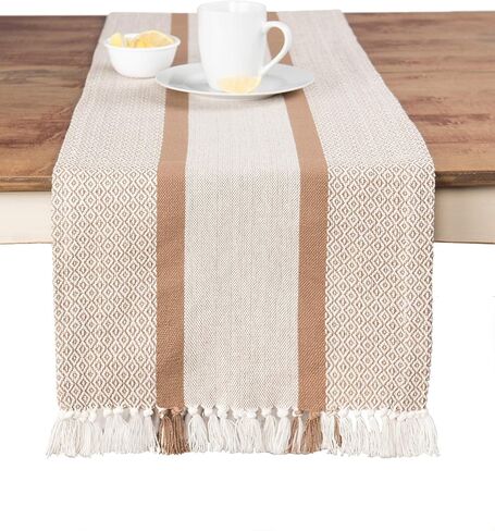 Table Runner Cotton Farmhouse Plaid 14 in x 72 in, Table Décor for Kitchen or Dining, Cream Cloth Woven Table Runners, Oeko-Tex Cotton in Saudi Arabia
