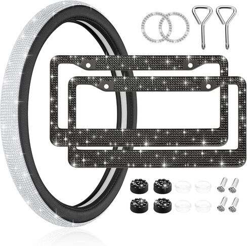 SAVORI Luxury Diamond Steering Wheel Cover 15 Inch Bedazzled Crystal Bling License Plate Frame Ring Emblem Sticker Car Accessories Set (White, 2 Pack License Plate Frames) in Saudi Arabia