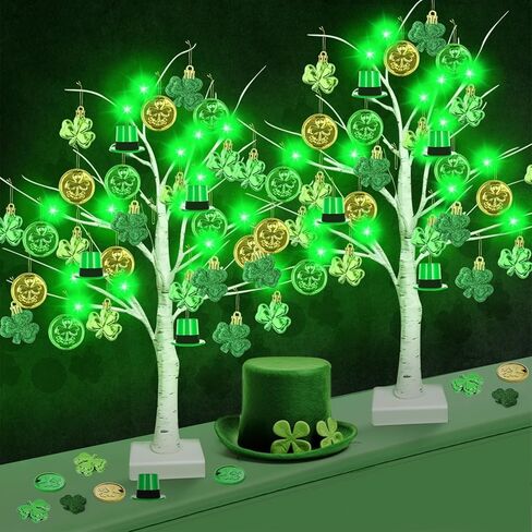 2 حزمة من شجرة البتولا المضيئة بإضاءة LED لعيد القديس باتريك مقاس 24 بوصة، 48 قطعة من العملات الذهبية لحلية شامروك وزخارف شامروك مع ديكورات للطاولة البرسيم حسن الحظ لمستلزمات الحفلات الأيرلندية المنزلية in Kuwait