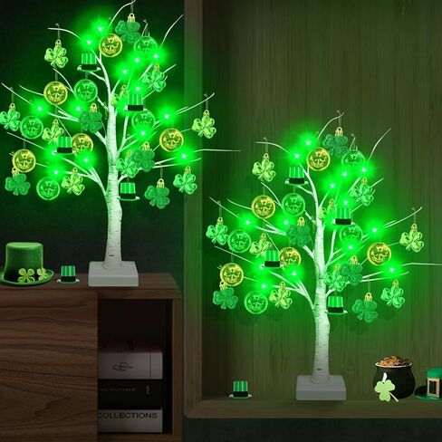 2 حزمة من شجرة البتولا المضيئة بإضاءة LED لعيد القديس باتريك مقاس 24 بوصة، 48 قطعة من العملات الذهبية لحلية شامروك وزخارف شامروك مع ديكورات للطاولة البرسيم حسن الحظ لمستلزمات الحفلات الأيرلندية المنزلية in Kuwait