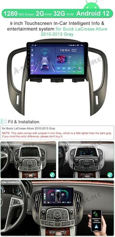 وحدة ملاحة راديو ستيريو للسيارة مقاس 9 بوصات من ASURE لسيارة Buick Lacrosse Allure 2010-2013 باللون الرمادي، 4Core 2+32GB مستقبل Carplay Android التلقائي، شاشة لمس عالية الدقة 1280x800 in Kuwait