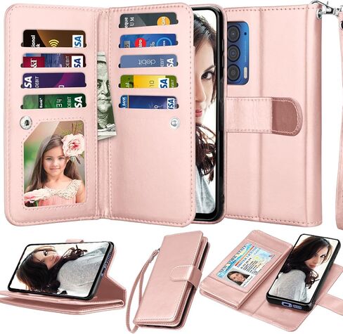 Njjex for Moto Edge 2021 Case, for Motorola Moto Edge 5G UW Wallet Case, [9 Card Slots] PU Leather ID Credit Holder Folio Flip [Detachable] Kickstand Magnetic Phone Cover & Lanyard [Black] in Saudi Arabia
