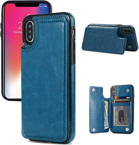 iPhone X/XS Wallet Case, iPhone X/XS Case with Credit Card Holder, Slim PU Leather Case with Card Slots, Protective Case with a Screen Protective Glass for iPhone X/XS 5.8 inch-Black in Kuwait