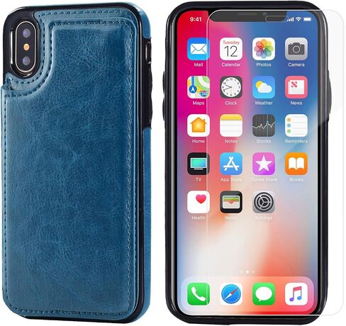 iPhone X/XS Wallet Case, iPhone X/XS Case with Credit Card Holder, Slim PU Leather Case with Card Slots, Protective Case with a Screen Protective Glass for iPhone X/XS 5.8 inch-Black in Kuwait
