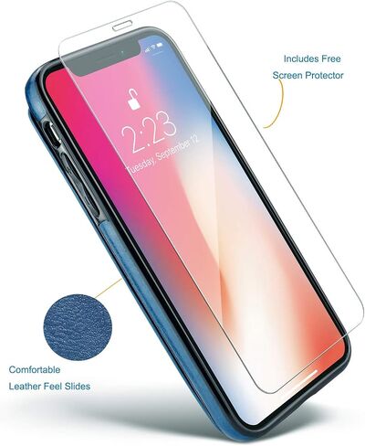 iPhone X/XS Wallet Case, iPhone X/XS Case with Credit Card Holder, Slim PU Leather Case with Card Slots, Protective Case with a Screen Protective Glass for iPhone X/XS 5.8 inch-Black in Kuwait