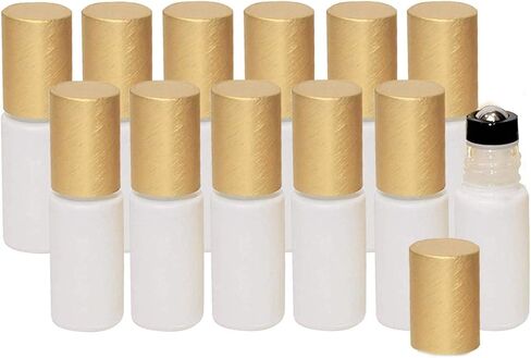 الزيوت الشاملة 12 عبوة من زجاجات الزيوت العطرية الدوارة، من الفولاذ المقاوم للصدأ - بكرات زجاجية بيضاء 5 مل، أغطية ذهبية - مجموعة فارغة مقاومة للتسرب للسفر والعطور والمزج وملمع الشفاه in Kuwait