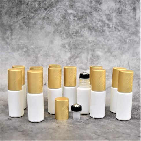 الزيوت الشاملة 12 عبوة من زجاجات الزيوت العطرية الدوارة، من الفولاذ المقاوم للصدأ - بكرات زجاجية بيضاء 5 مل، أغطية ذهبية - مجموعة فارغة مقاومة للتسرب للسفر والعطور والمزج وملمع الشفاه in Kuwait
