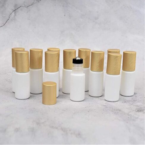 الزيوت الشاملة 12 عبوة من زجاجات الزيوت العطرية الدوارة، من الفولاذ المقاوم للصدأ - بكرات زجاجية بيضاء 5 مل، أغطية ذهبية - مجموعة فارغة مقاومة للتسرب للسفر والعطور والمزج وملمع الشفاه in Kuwait