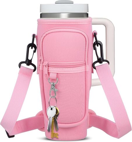 HEALLILY Water Bottle Carrier Bag with Phone Pocket Tumbler Water Bottle Holder Pouch with Adjustable Strap Bottle Sling for Travel Outdoor Sport Pink in Saudi Arabia