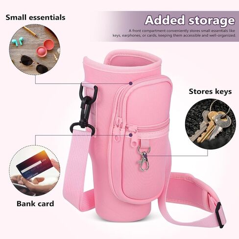 HEALLILY Water Bottle Carrier Bag with Phone Pocket Tumbler Water Bottle Holder Pouch with Adjustable Strap Bottle Sling for Travel Outdoor Sport Pink in Saudi Arabia