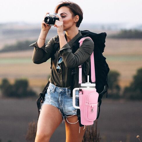 HEALLILY Water Bottle Carrier Bag with Phone Pocket Tumbler Water Bottle Holder Pouch with Adjustable Strap Bottle Sling for Travel Outdoor Sport Pink in Saudi Arabia