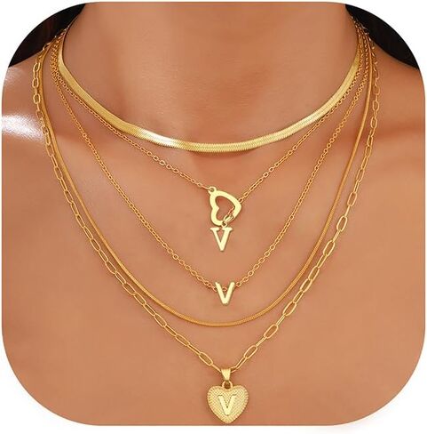 FAXHION 5 Pcs Gold Initial Necklaces for Women, 14K Gold Plated Letter Heart Pendant Necklaces, Dainty Flat Snake Chain Layering Choker Necklace for Gift in Saudi Arabia