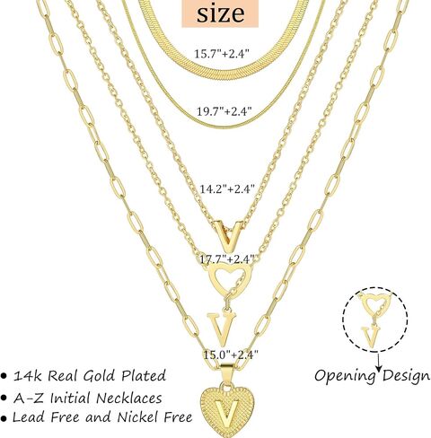 FAXHION 5 Pcs Gold Initial Necklaces for Women, 14K Gold Plated Letter Heart Pendant Necklaces, Dainty Flat Snake Chain Layering Choker Necklace for Gift in Saudi Arabia