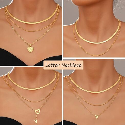 FAXHION 5 Pcs Gold Initial Necklaces for Women, 14K Gold Plated Letter Heart Pendant Necklaces, Dainty Flat Snake Chain Layering Choker Necklace for Gift in Saudi Arabia