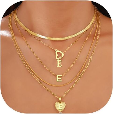 FAXHION 5 Pcs Gold Initial Necklaces for Women, 14K Gold Plated Letter Heart Pendant Necklaces, Dainty Flat Snake Chain Layering Choker Necklace for Gift in Saudi Arabia