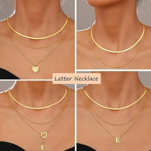 FAXHION 5 Pcs Gold Initial Necklaces for Women, 14K Gold Plated Letter Heart Pendant Necklaces, Dainty Flat Snake Chain Layering Choker Necklace for Gift in Saudi Arabia