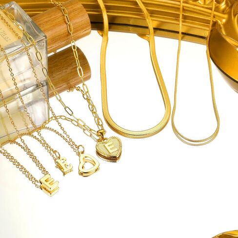 FAXHION 5 Pcs Gold Initial Necklaces for Women, 14K Gold Plated Letter Heart Pendant Necklaces, Dainty Flat Snake Chain Layering Choker Necklace for Gift in Saudi Arabia
