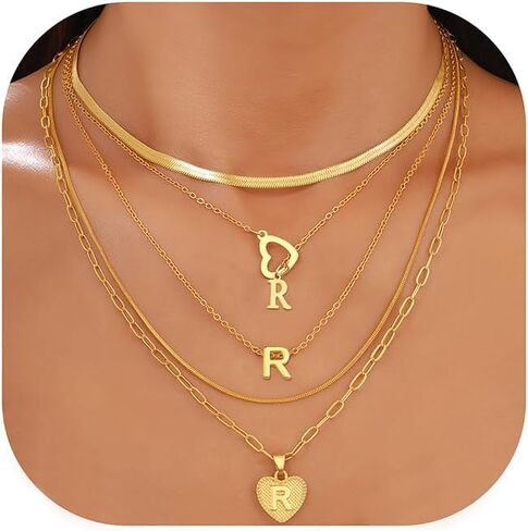 FAXHION 5 Pcs Gold Initial Necklaces for Women, 14K Gold Plated Letter Heart Pendant Necklaces, Dainty Flat Snake Chain Layering Choker Necklace for Gift in Saudi Arabia