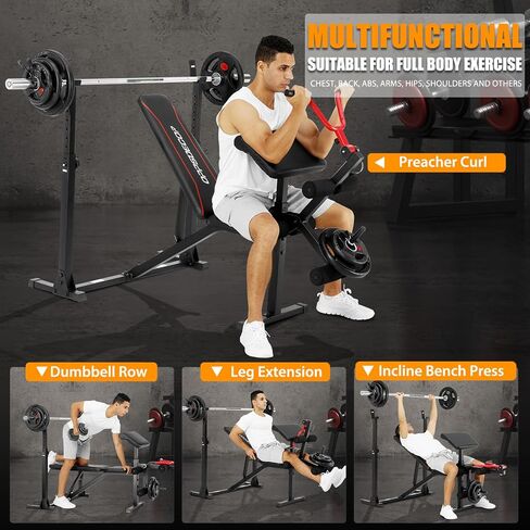OPPSDECOR Professional Weight Bench Set with Barbell/Squat Rack, 900LBS Heavy Duty Bench Press Set with Leg Curl/Extension and Preacher Curl, Adjustable Full-Body Workout Bench for Home Gym Fitness in Saudi Arabia