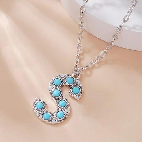 Turquoise Initial Letter S Necklace - Silver Plated Stainless Steel Alphabet Monogram Necklace for Women Gift in Kuwait
